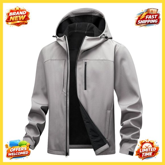 Men's Water-Resistant Fleece Lined Softshell Jacket with Hood for Hiking